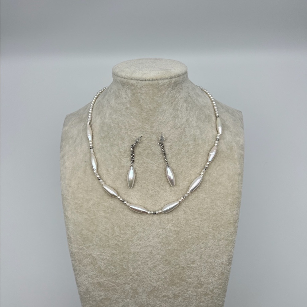 Elegant Sterling Silver Pearl Necklace and Earring Set